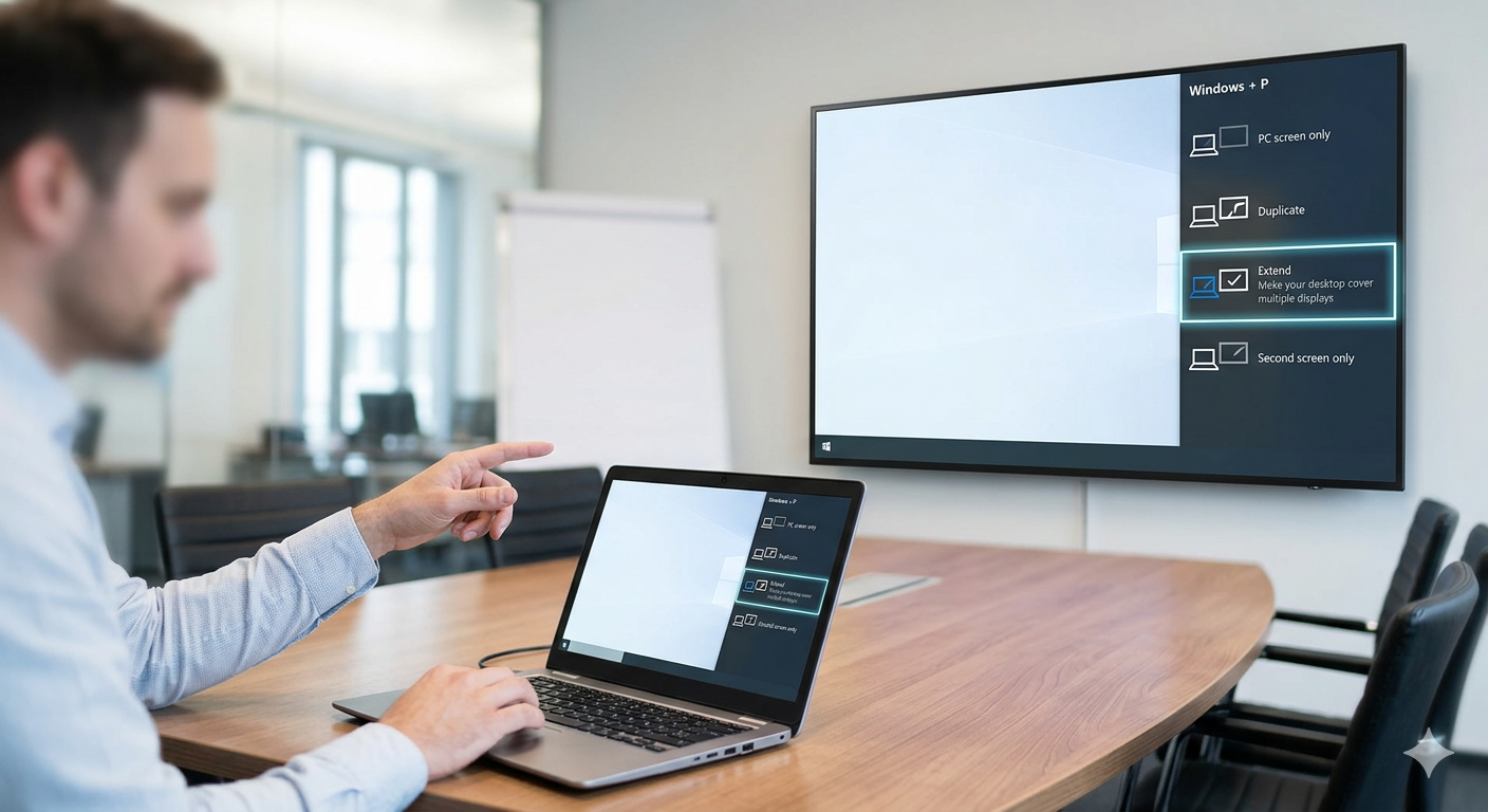 Menu Windows + P affiché sur une TV de réunion pour configurer le partage d'écran en mode étendu.
